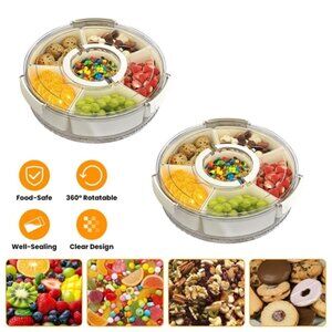 2Pcs Divided Serving Tray with Lid and Handle 360° Rotatable Snack Box